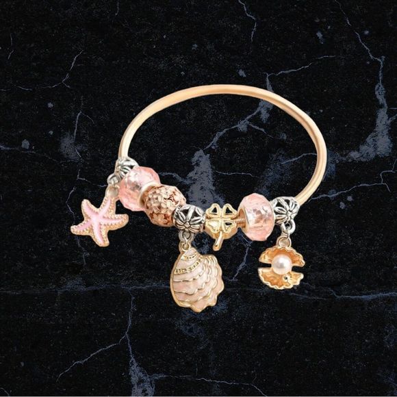 Conch & Starfish Charm Bangle Bracelet - Picture 5 of 8